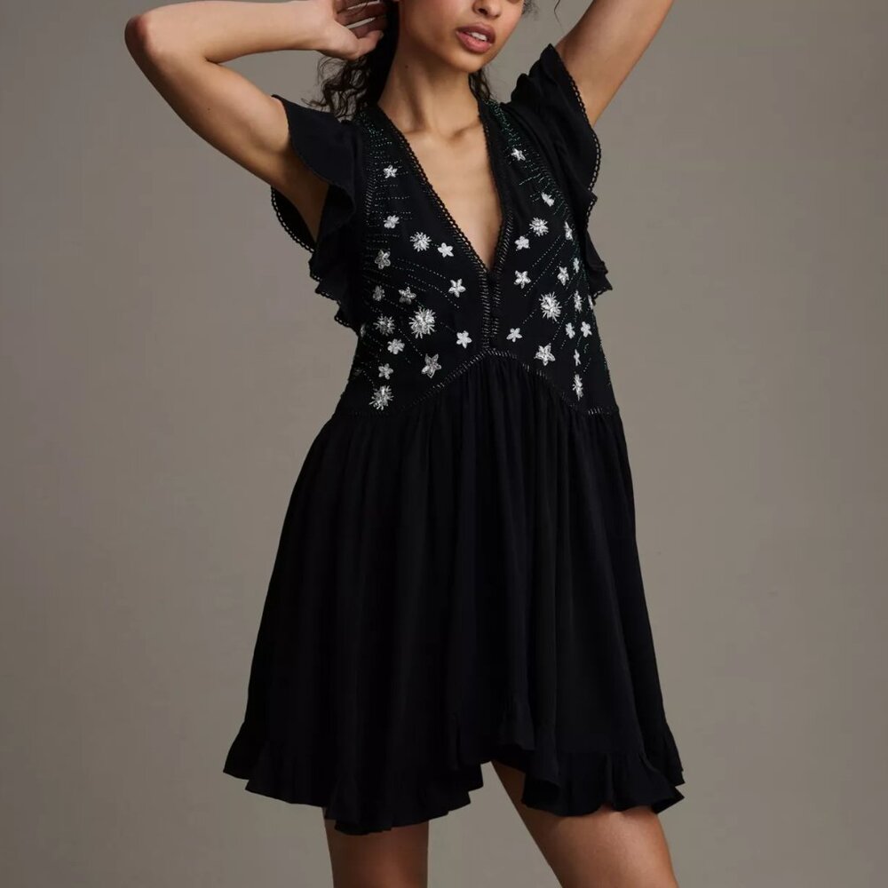 By Anthropologie Sleeveless Star Embroidered V-Neck Mini Dress Black S